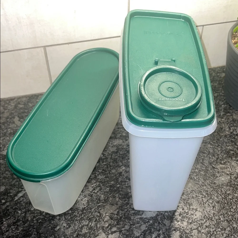 Vintage Tupperware Cereal and Modular Mate storage Container with Green Lids.
